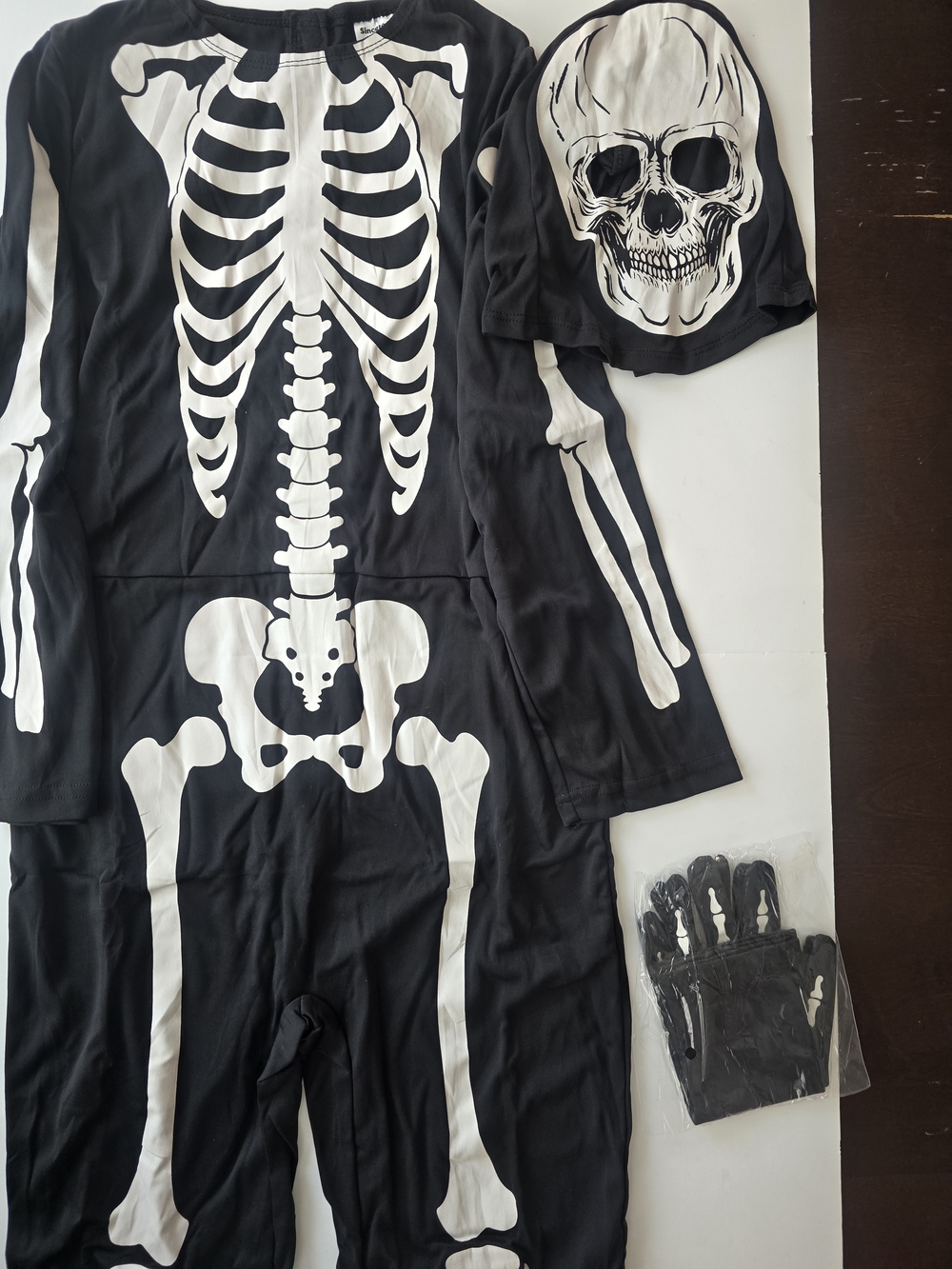 Kids Black Skeleton Costume Set with Skull Mask and Gloves